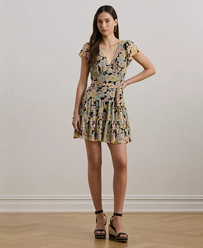 

Женское платье из жоржета с цветочным принтом, поясом и ярусами Lauren Ralph Lauren, мультиколор