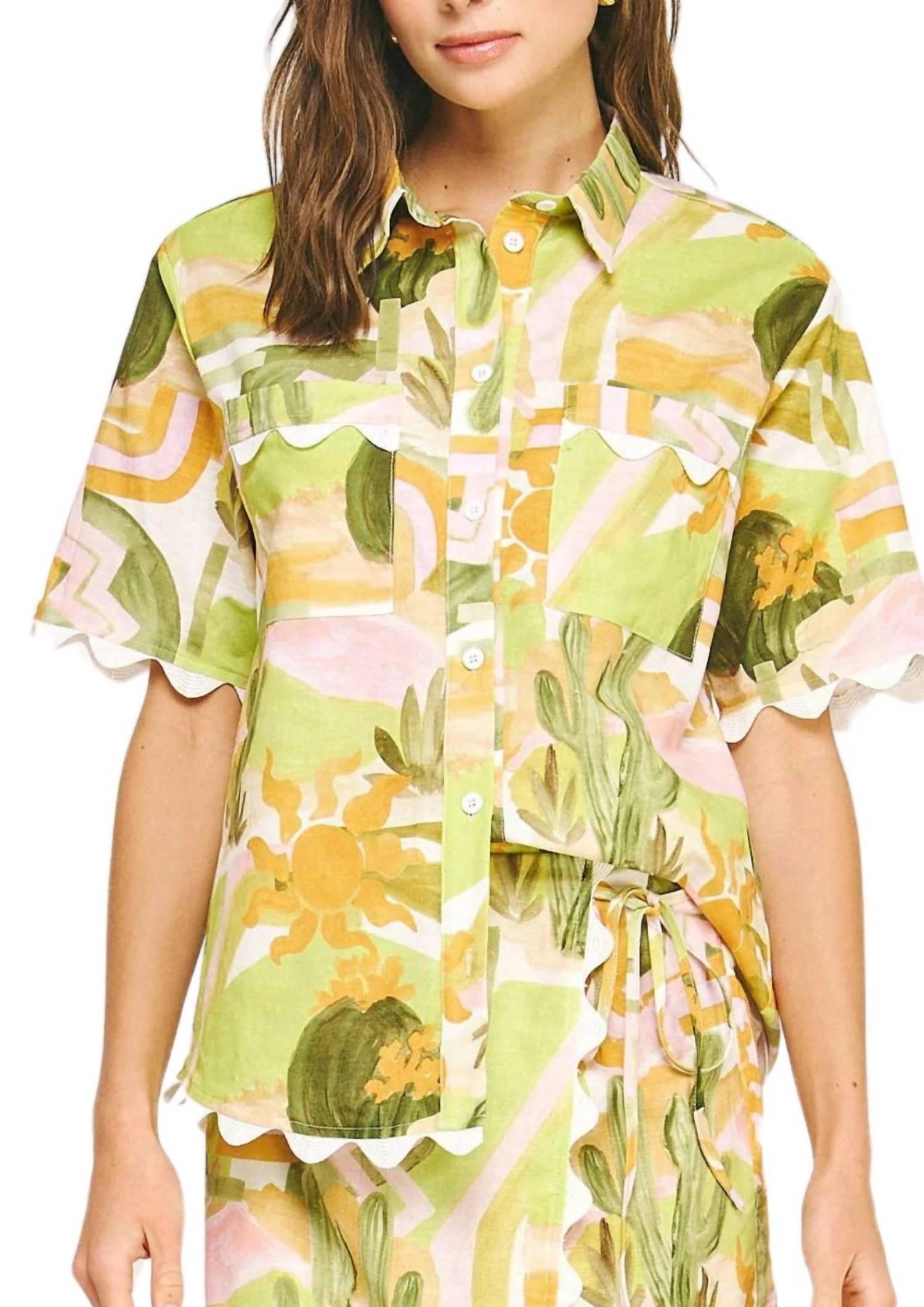 

Зеленая рубашка с принтом "Рик-рак" в пустынных тонах заката Strut & Bolt