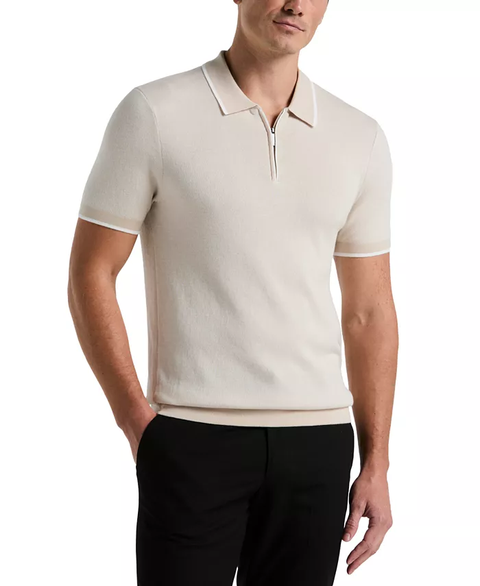 

Мужская короткорукавная поло с молнией на четверть и двухцветной строчкой Perry Ellis, коричневый/бежевый