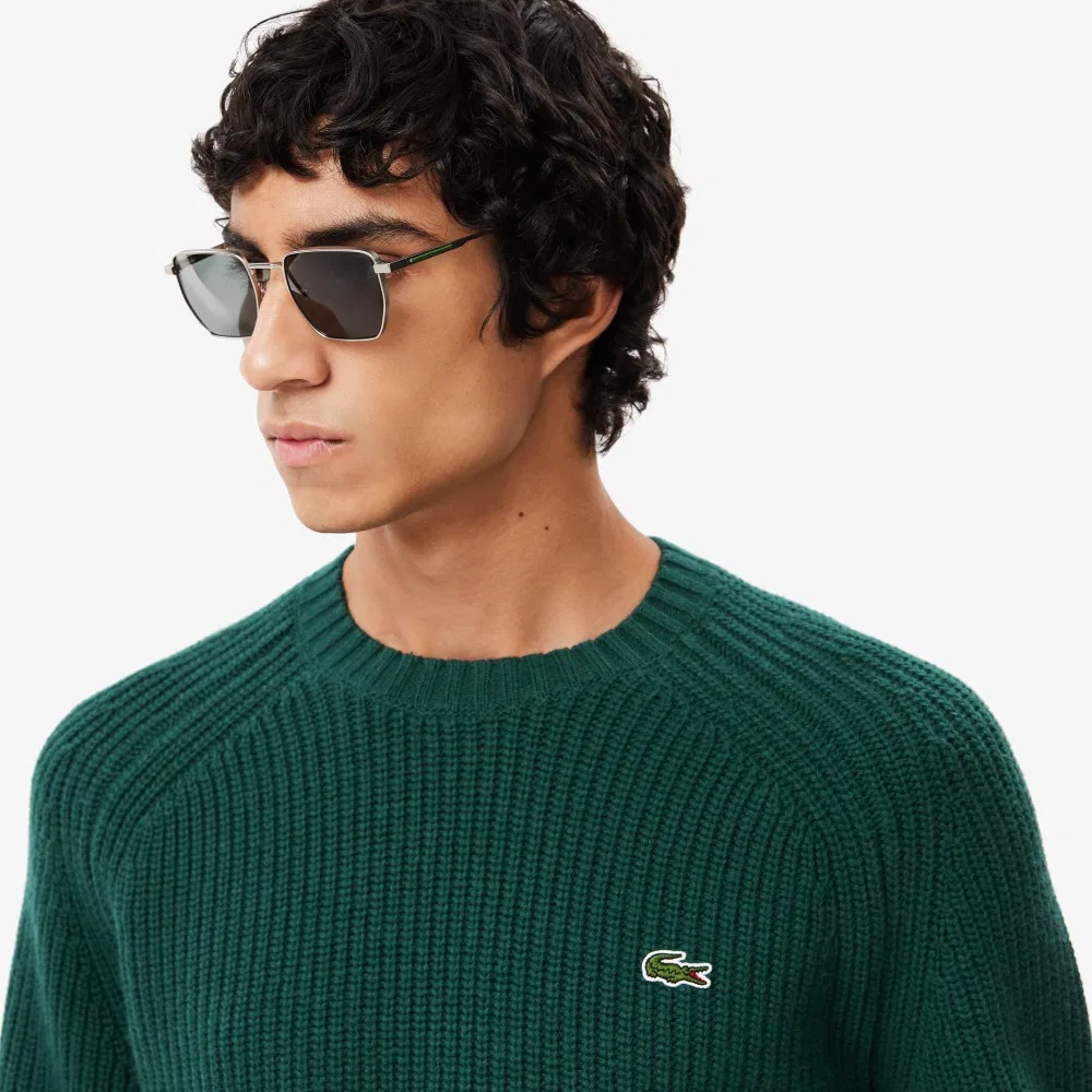 Мужской шерстяной пуловер в рубчик тёмно-зелёного цвета от Lacoste — фото 2