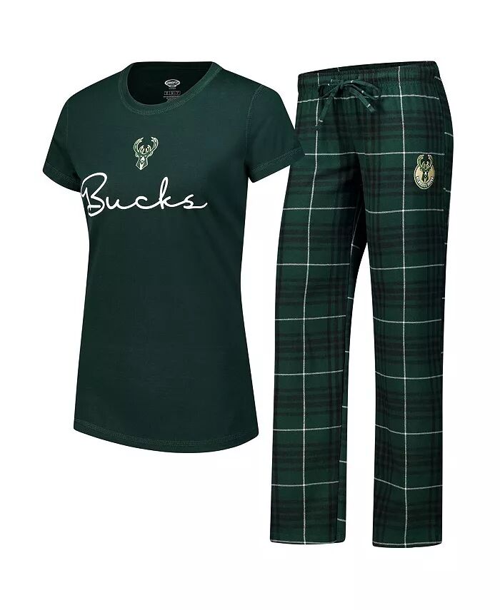 

Женская футболка Hunter Green Milwaukee Bucks Vector, фланелевые штаны, комплект для сна Concepts Sport