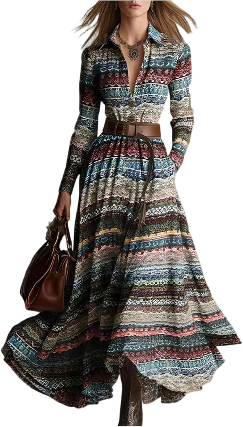 Платье для женщин Western Shirt в этническом стиле туника с V-образным вырезом, длинным рукавом, макси, однобортное, с разрезом и карманами Generic, мультиколор