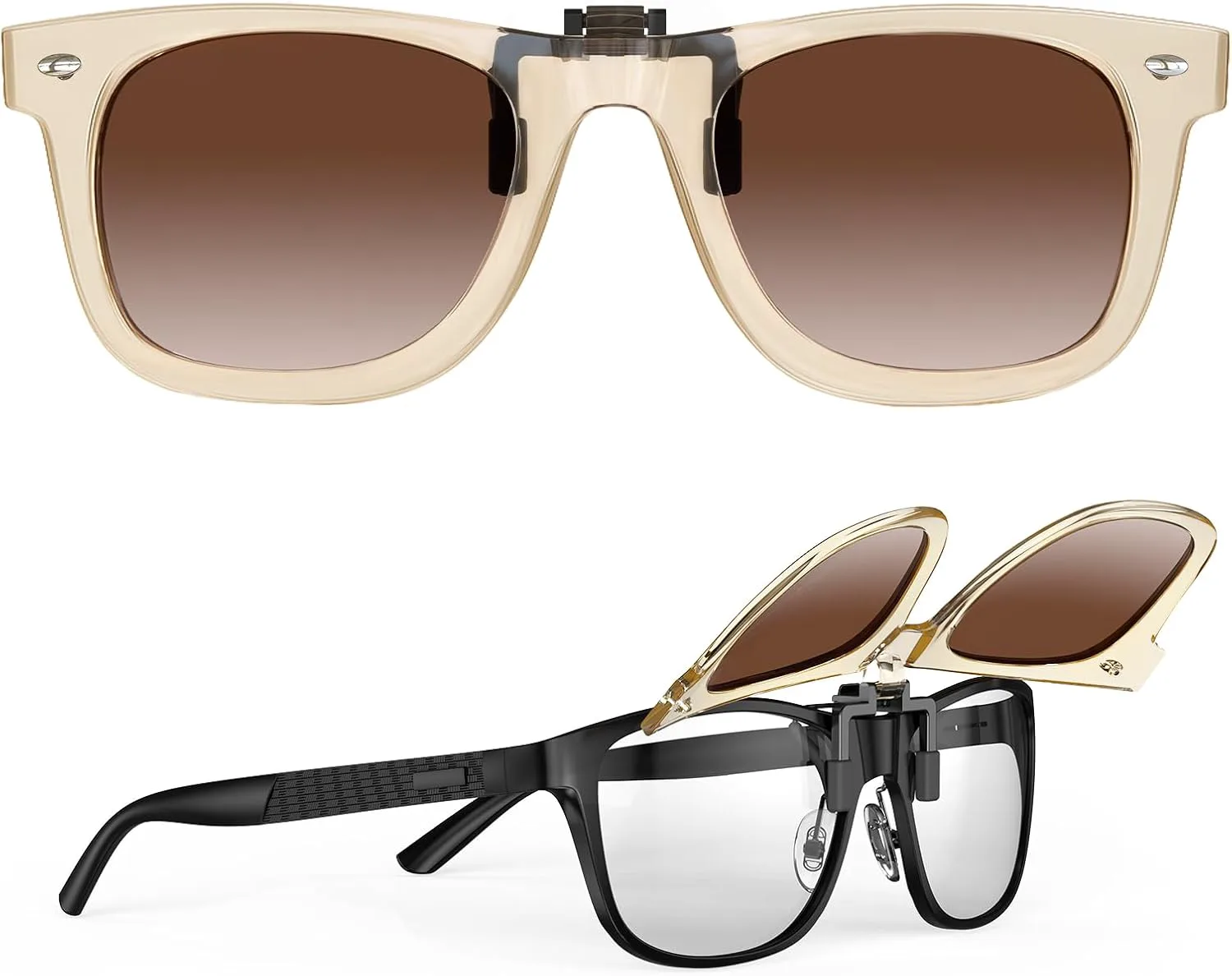 

Солнцезащитные очки Goiteia Polarized Clip on Sunglasses поверх очков с диоптриями – ретро-дизайн оправы для маскировки очков, Crystal Brown/Brown Gradient Lens