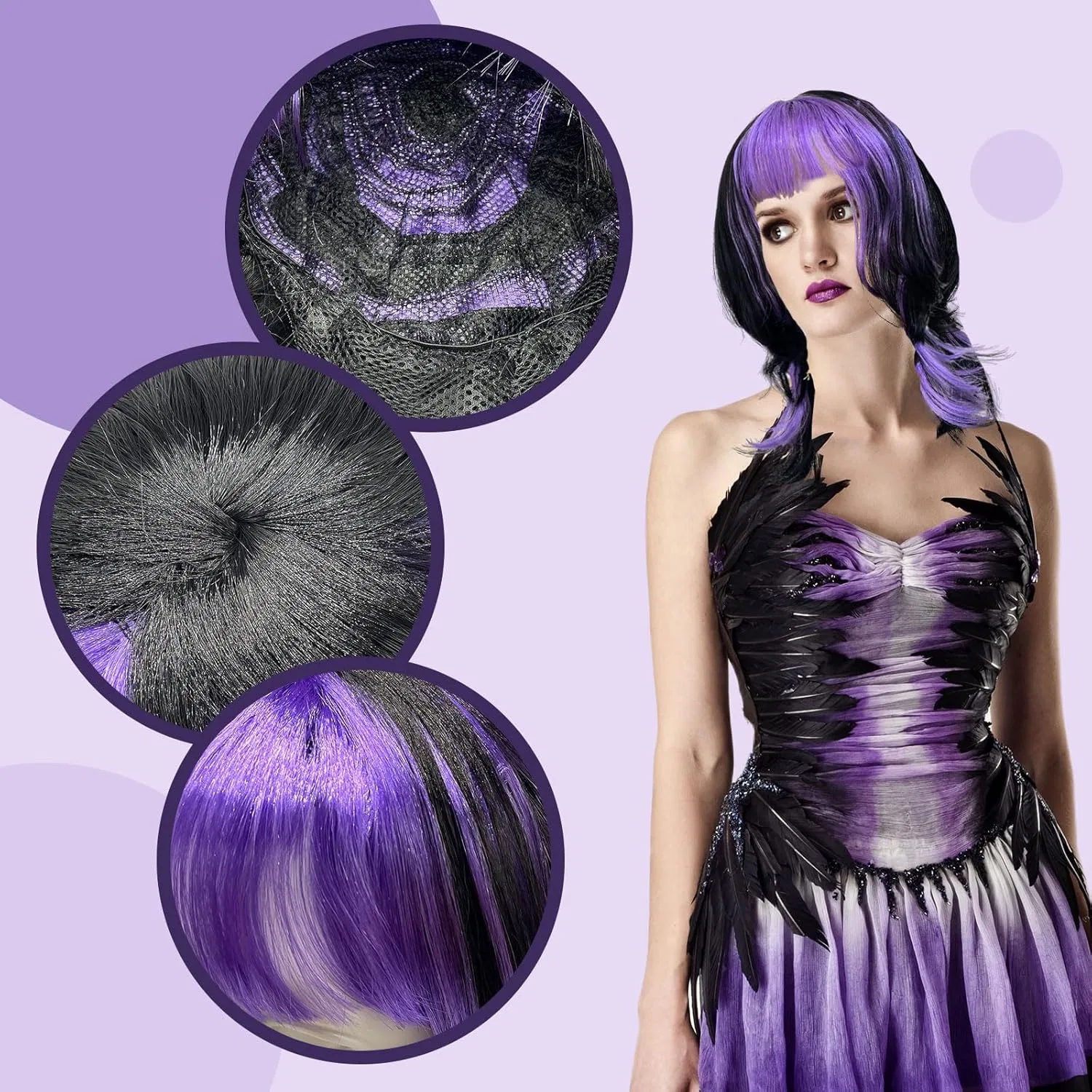 Длинный кудрявый парик ведьмы UILYNIU для Хэллоуина Uilyniu, Black / Purple — фото 3