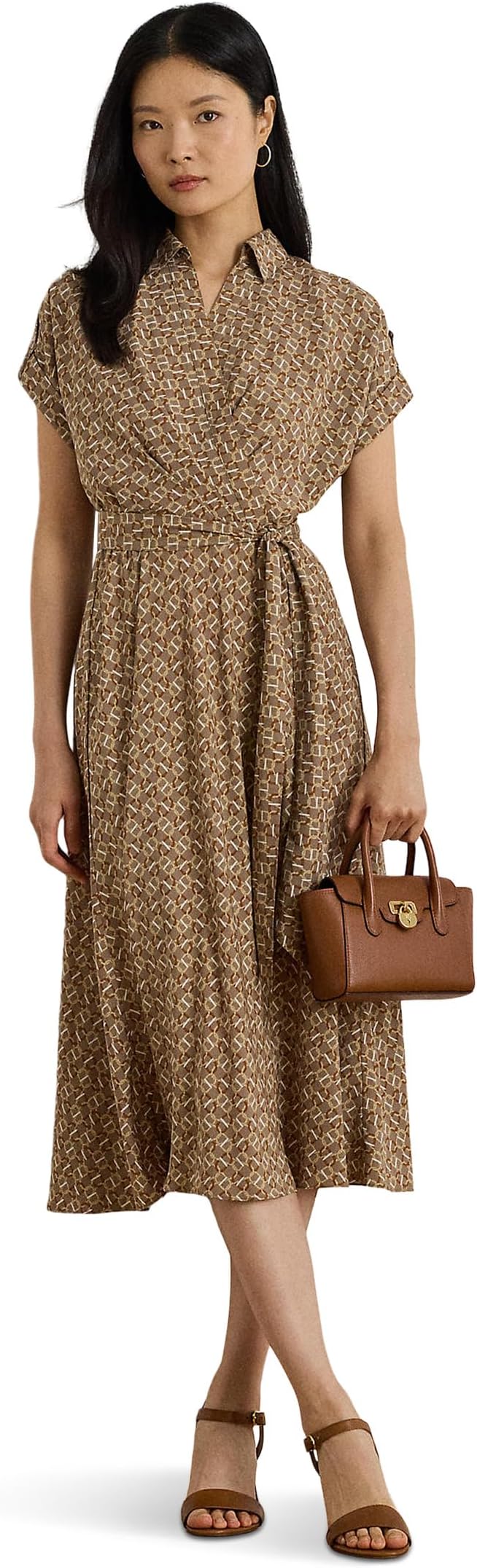

Платье Lauren Ralph Lauren Geo-Print Belted Crepe Dress, цвет Taupe Multi