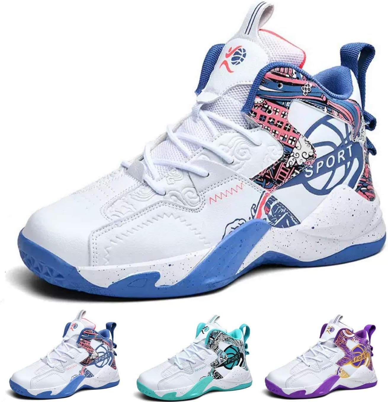 

Мужские и женские баскетбольные кроссовки, противоскользящие, высокие, спортивные, ретро, уличная мода, беговые, спортивные обувь Macefil, белый/синий