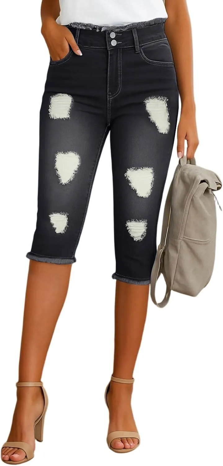 

Джинсовые кэпри для женщин Stretch с рваным краем и потертостями