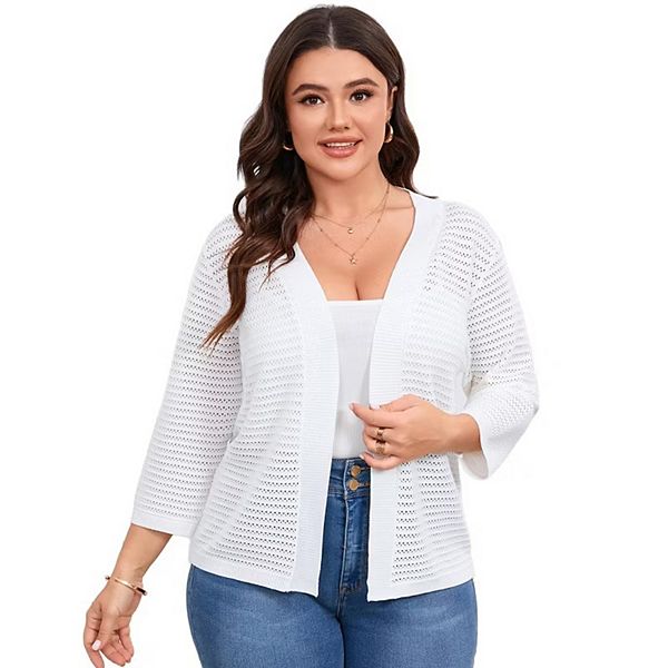 

Женский кардиган летний с рукавом 3/4, вязаный, на пуговицах, плюс сайз Kojooin, Rice White