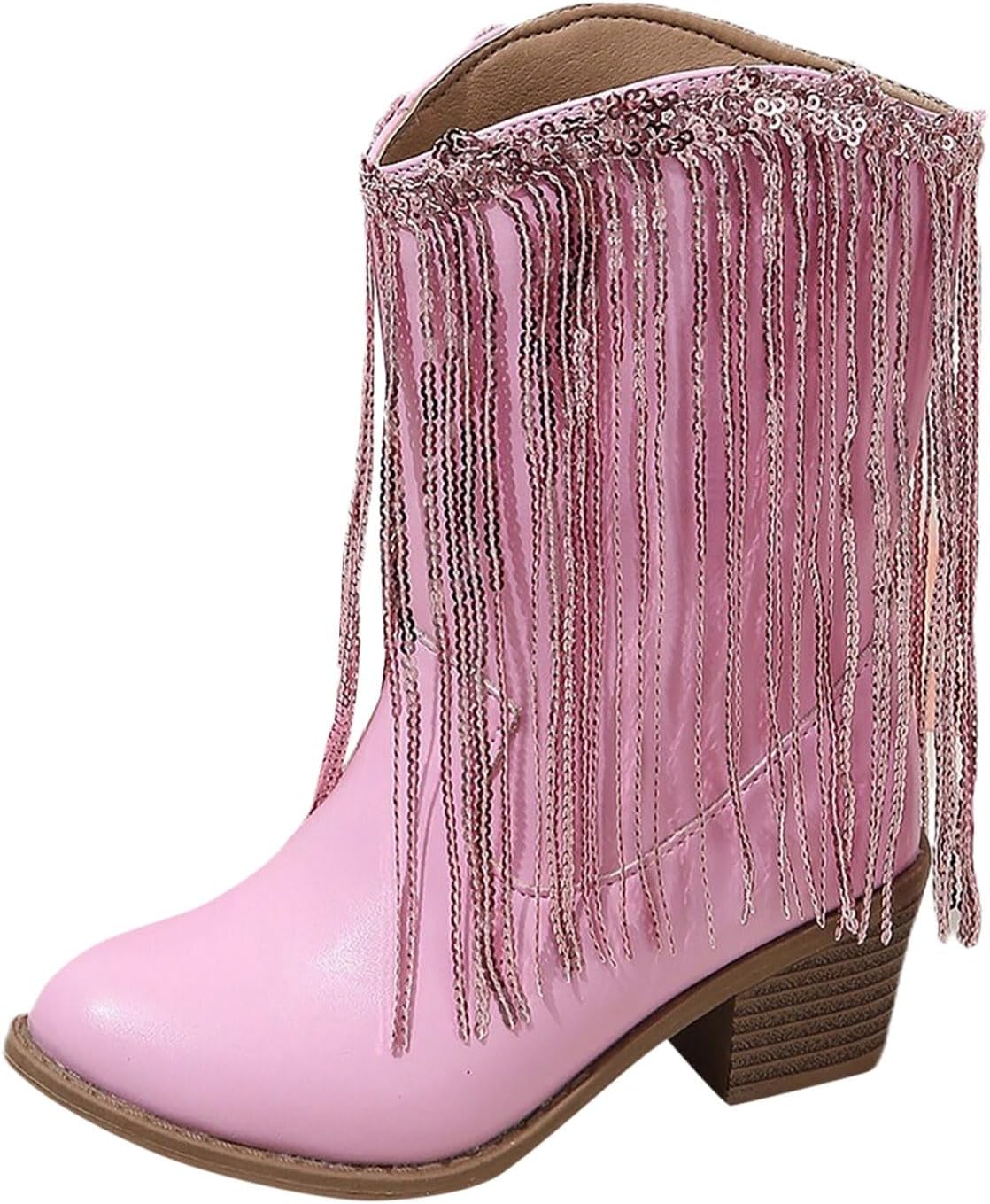 

Детские ковбойские сапоги для девочек с бахромой, с западным дизайном, массивным каблуком, кисточками, средней голенью, с заостренным носком для верховой езды JEUROT, Pink