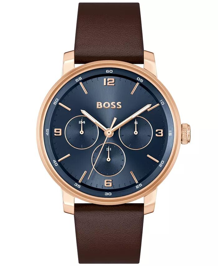 

Мужские многофункциональные кварцевые часы Contender коричневые кожаные, 44 мм Hugo Boss