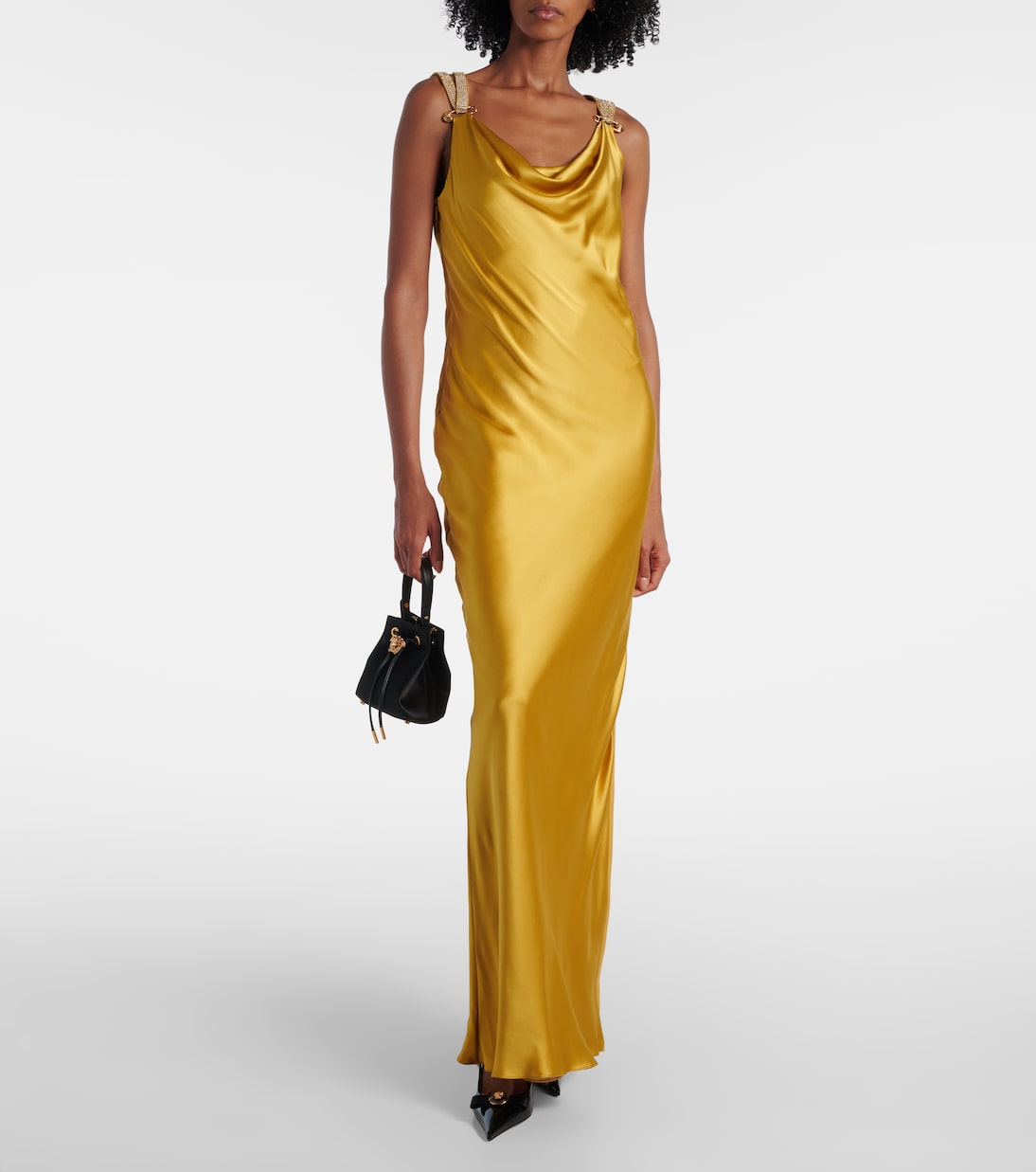 Платье из шелкового атласа, украшенное булавками Versace, Antique Gold — фото 2