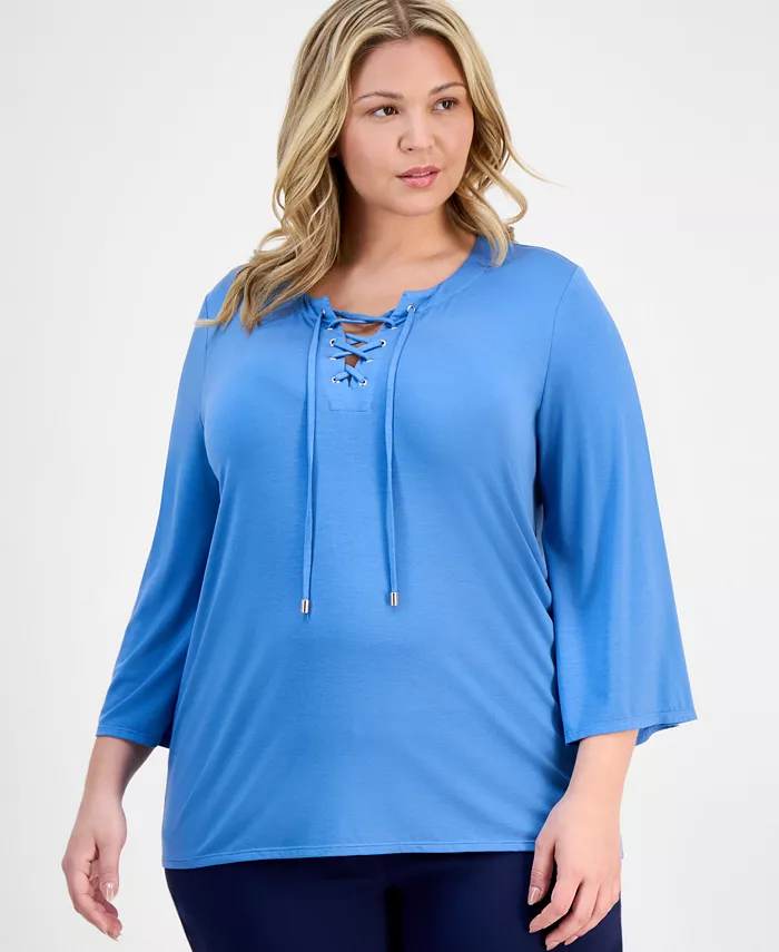 

Топ с разрезом на шее и шнуровкой, Plus Size JM Collection, синий