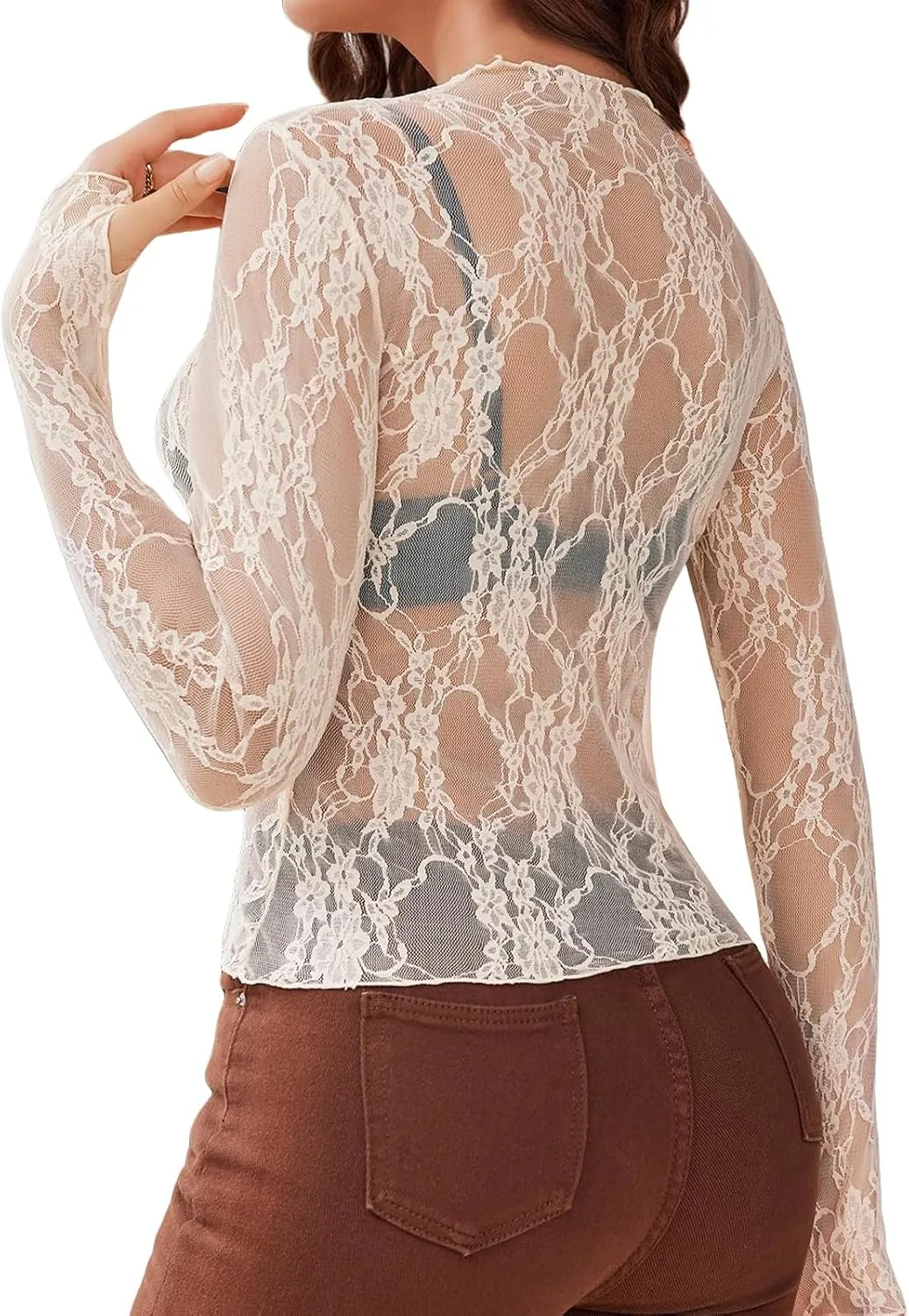 

Женская блузка с кружевной сеткой, длинным рукавом и цветочным принтом