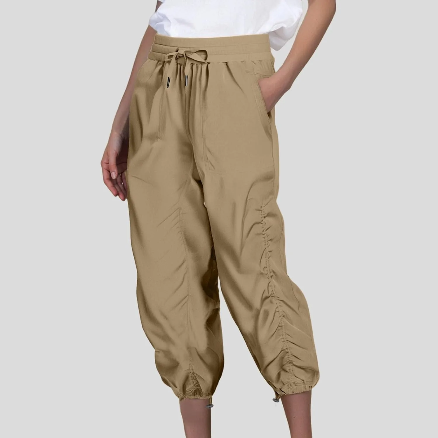Женские летние капри-брюки Stretch Lightweight Quick-Dry Casual с кулиской и эластичным поясом для путешествий и отдыха на природе с карманами Generic, хаки — фото 3