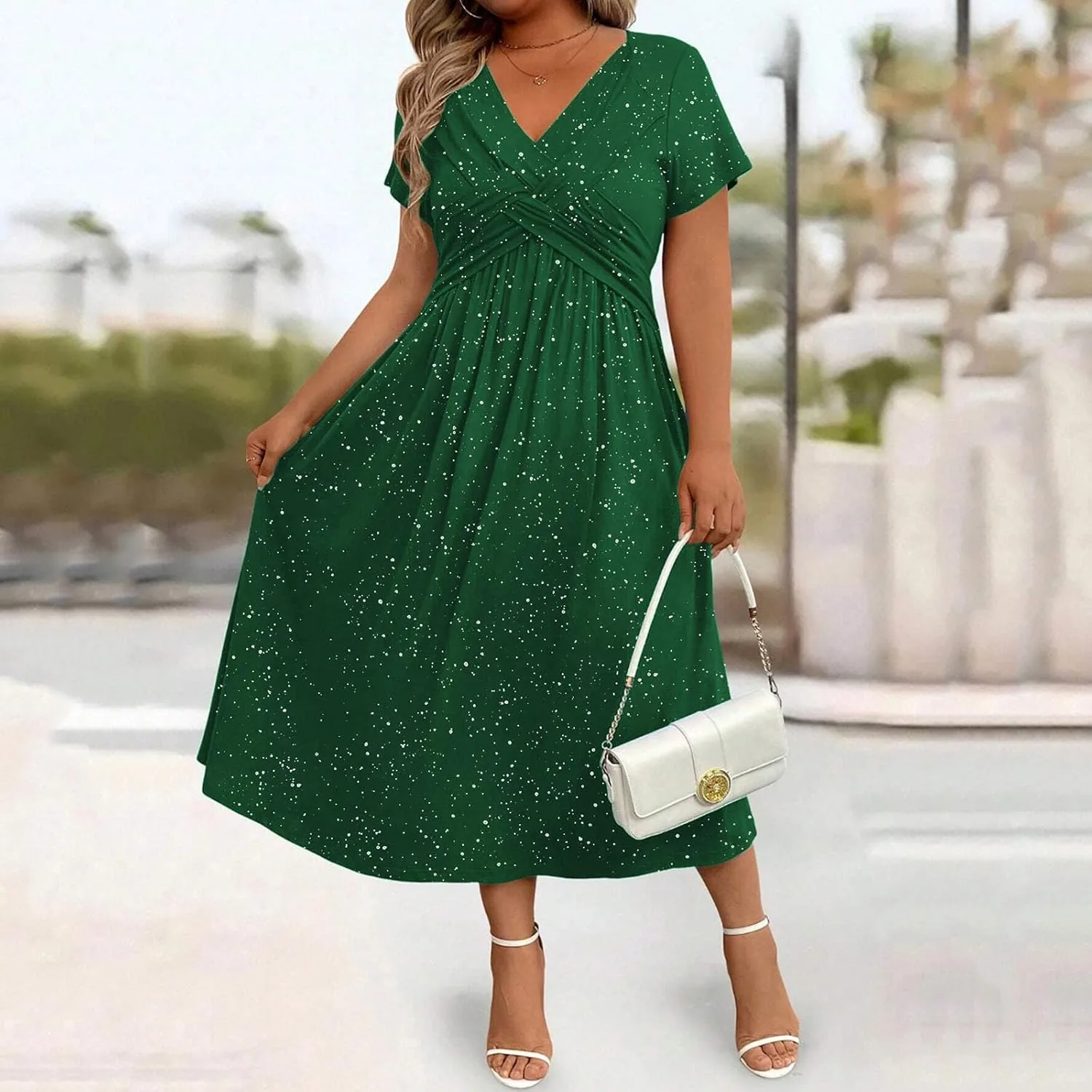 Блестящее повседневное платье-футболка для женщин с карманами Plus Size, струящееся платье с перекрестными деталями, удобная одежда Generic, зеленый — фото 3