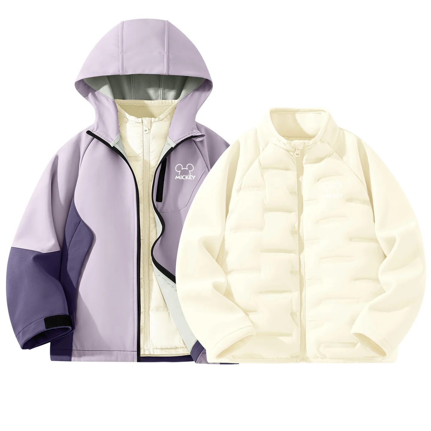 Детская куртка-софтшелл с круглым вырезом Disney, [Thickened Thermal]Thick Board Di Line K Purple+Thick Board Di Line K Beige