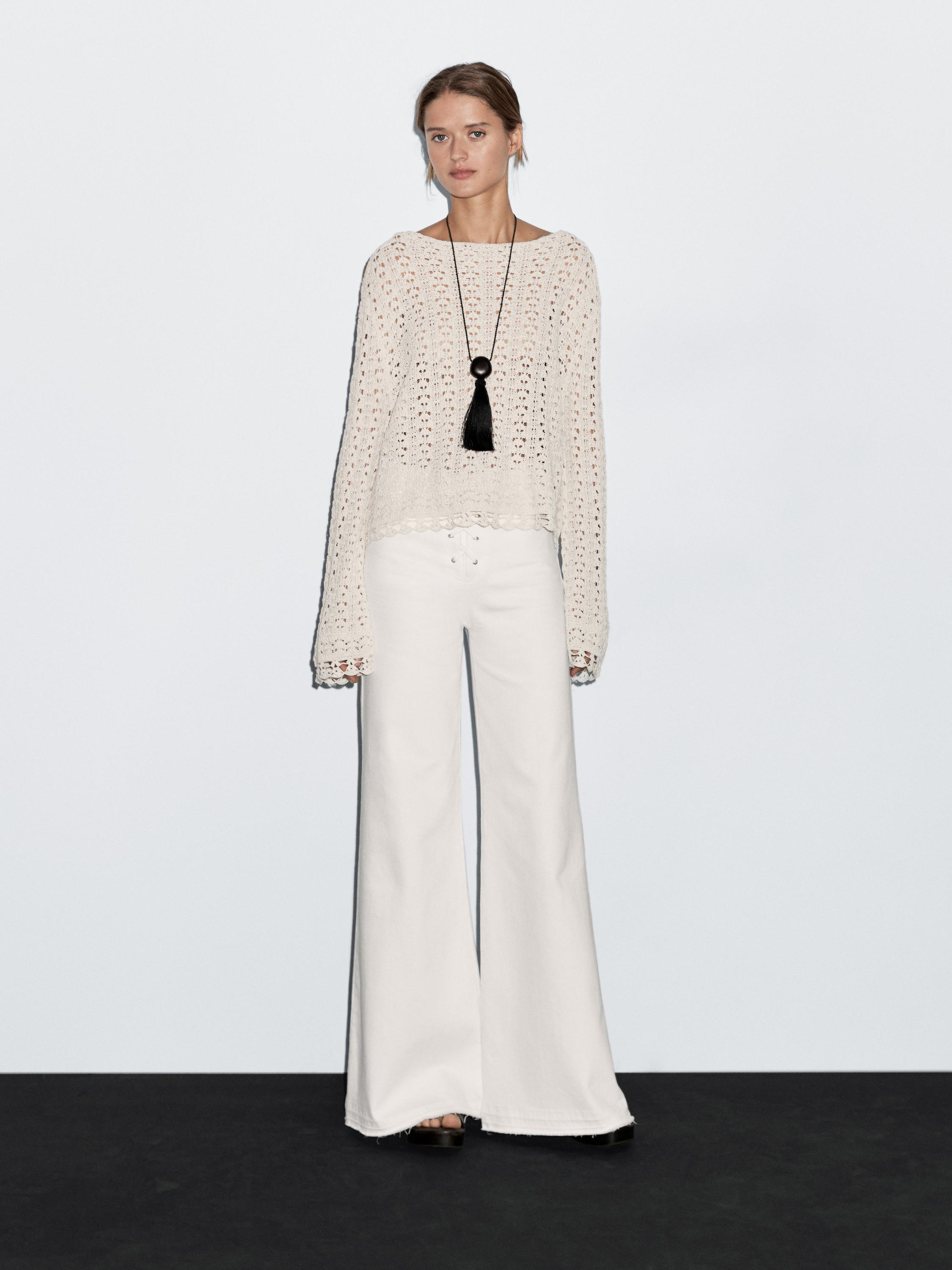 

Ажурный свитер крючком из хлопковой смеси Massimo Dutti, кремовый