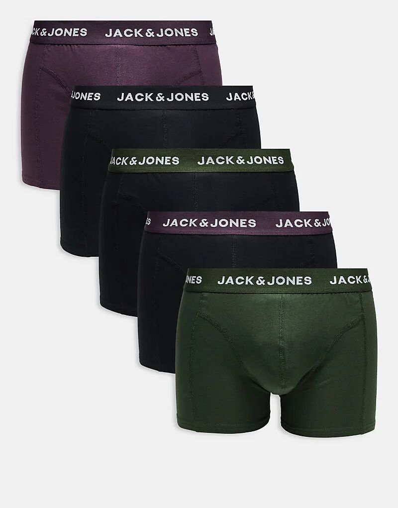 

Комплект из 5 трусов Jack & Jones в цветах черный хаки и сливовый
