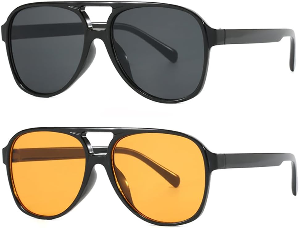 

Винтажные солнцезащитные очки-авиаторы большого размера для женщин и мужчин, не спутываются, в стиле ретро 70-х, тонированные, с большой оправой Azoxus, 2 Pack of Black Lens and Yellow-orange Lens