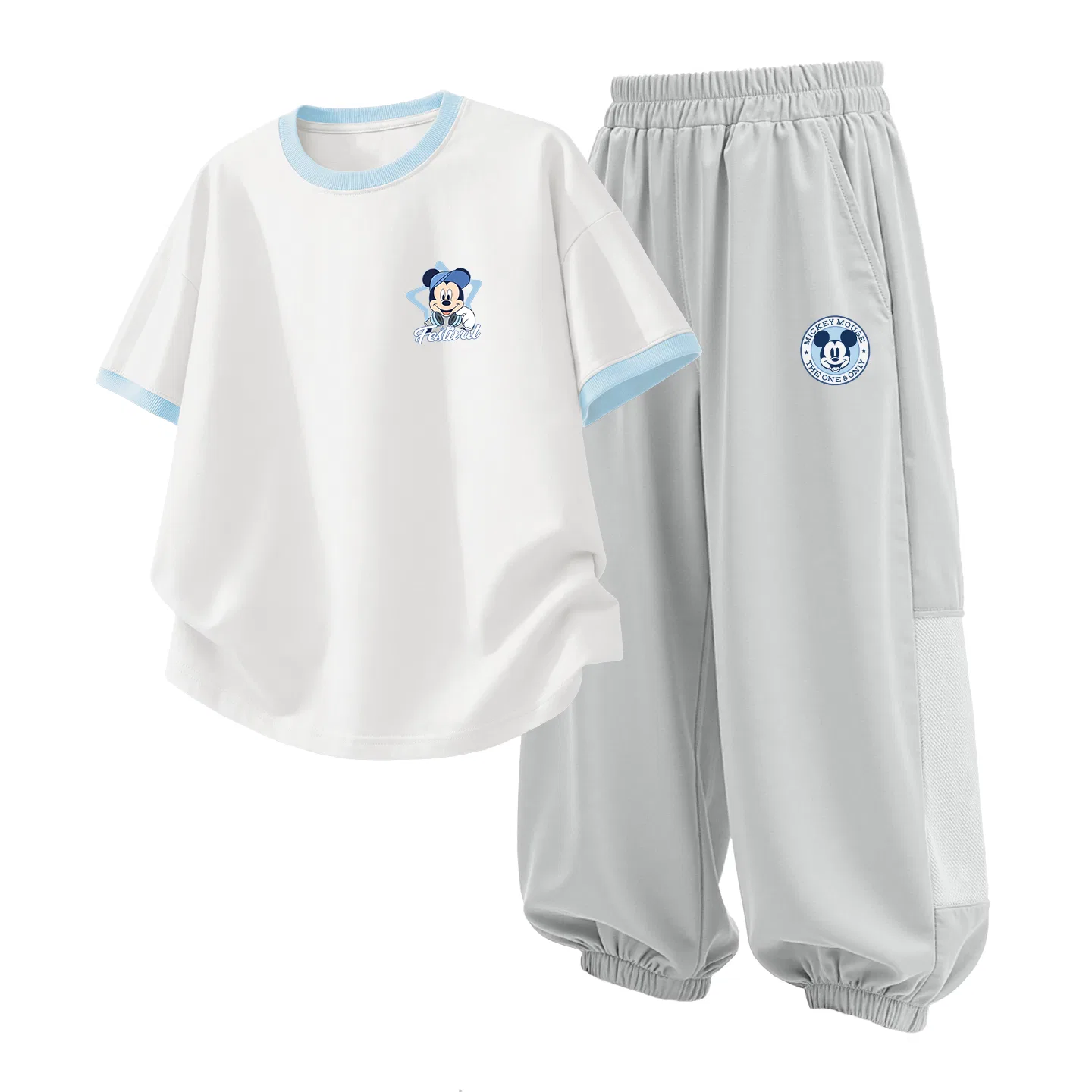 Детская повседневная спортивная футболка с круглым вырезом Disney, Diyao K Cream Blue+Round Logo Mickey Mouse K Misty Gray
