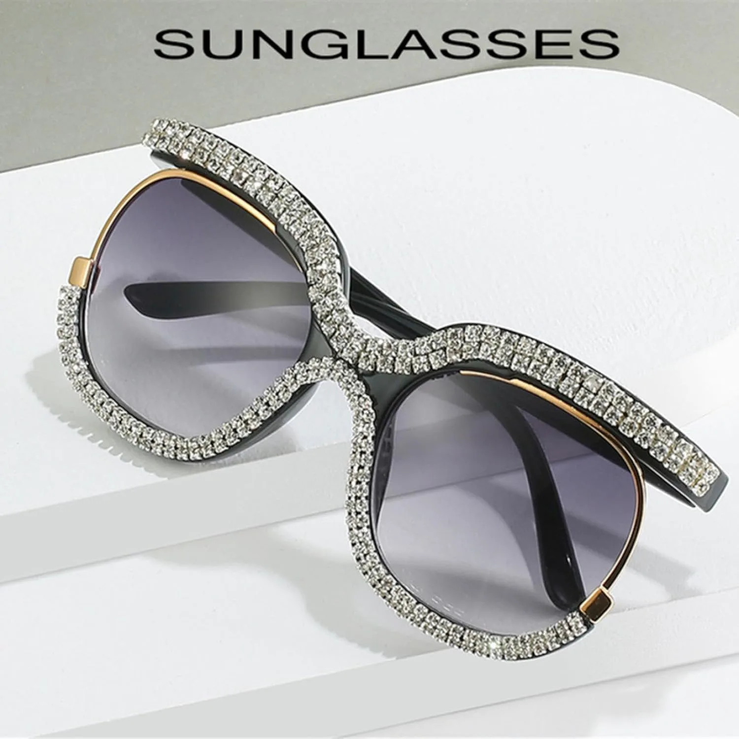 

Женские солнцезащитные очки со стразами, модные, в большой оправе, с бриллиантами и кристаллами, увеличенного размера, защита от УФ-излучения UV400 TVTBBVV, White
