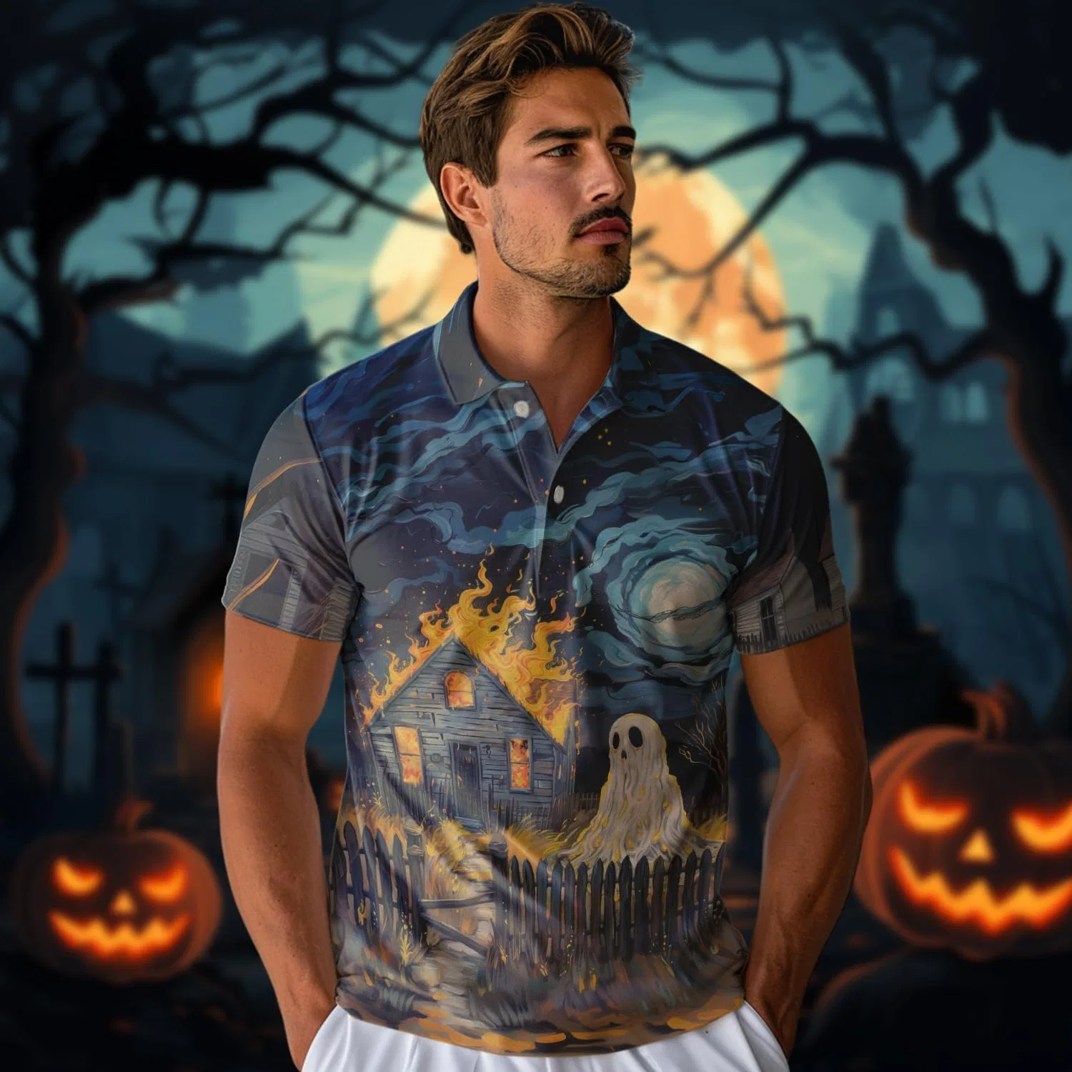 Мужское поло с принтом, Halloween, Regular Fit, хлопок/полиэстер, Hlw_10 — фото 3
