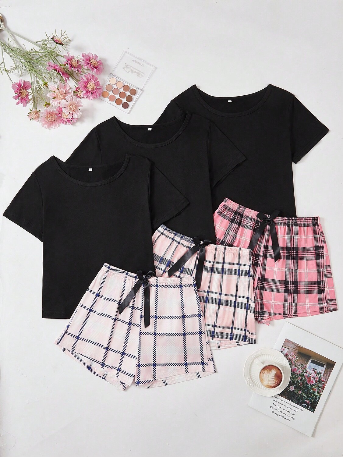 

Летняя однотонная пижама с короткими рукавами и шортами в разноцветную клетку, 3 шт/Компл, мультиколор