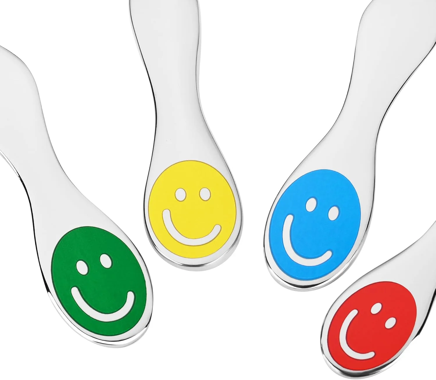GRÄWE Smile Детский набор столовых приборов, 4 предмета, нержавеющая сталь, полированный, можно мыть в посудомоечной машине, для мальчиков и девочек, разноцветные лица, от 3 лет, подарок на крещение, рождение, день рождения — фото 2