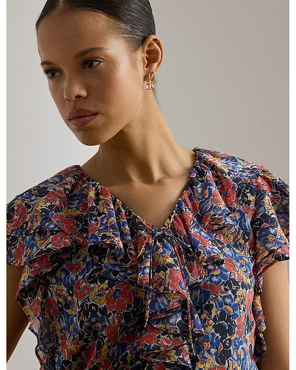 Блузка из жоржета с цветочным узором и оборками Ralph Lauren, Cream/Red/Blue — фото 4