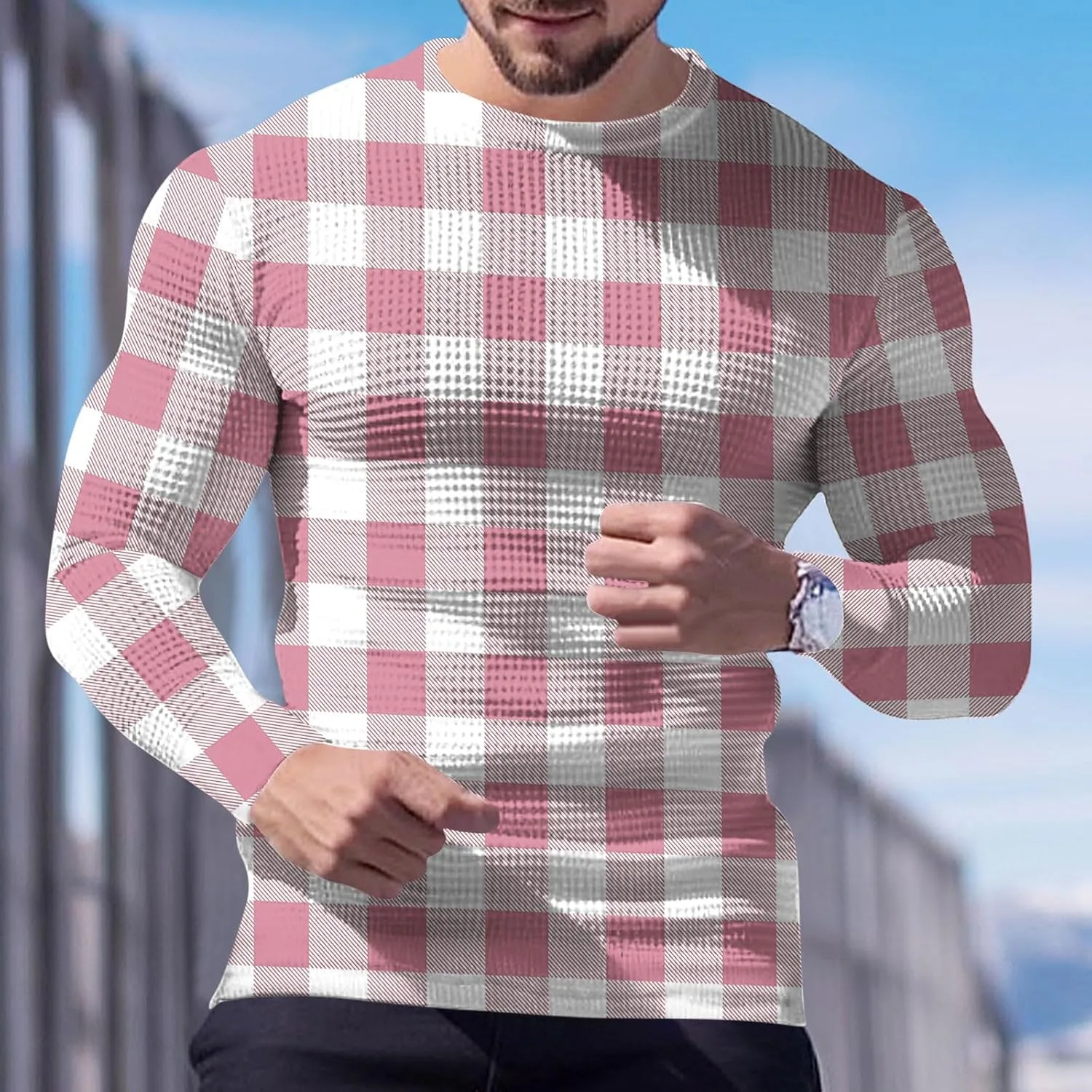 Мужская футболка с длинным рукавом Casual, свободный крой, клетчатый принт — фото 3