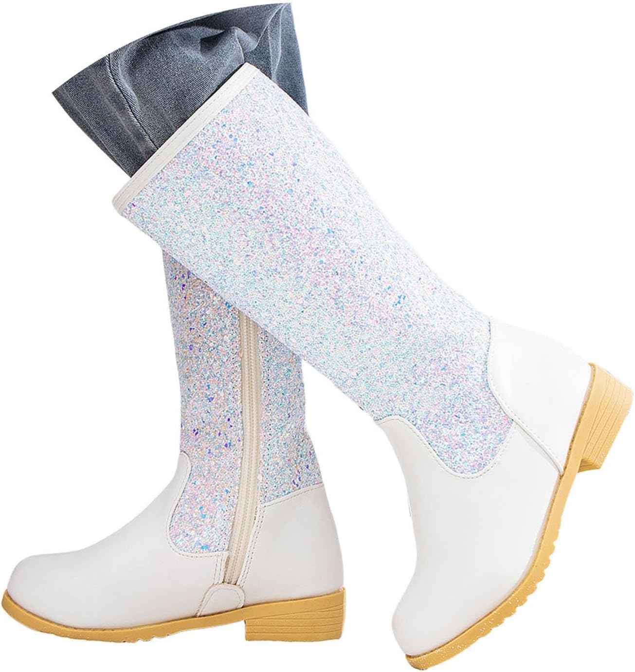

Детские ковбойские сапожки для девочек, средняя голень, с блестками, из блестящей кожи, стиль вестерн, массивный каблук, молния сбоку, круглый носок, широкие модные водонепроницаемые ботинки для малышей, маленьких и больших детей ZSpzx, White