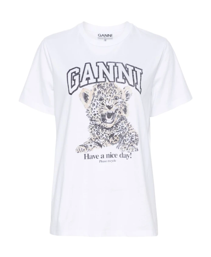 

Футболка свободного кроя с леопардовым принтом Ganni, белый