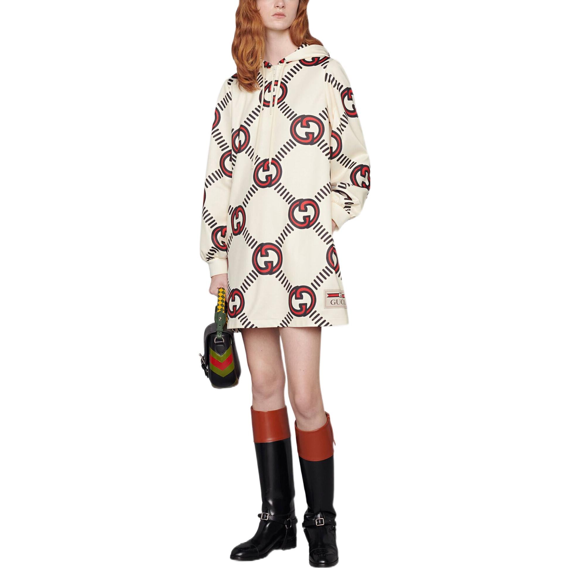 Платье Gucci Техническое трикотажное с переплетенными буквами G, женское, белый с красными и черными элементами — фото 2