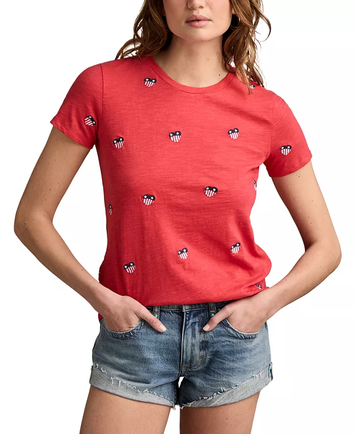 

Женская хлопковая футболка с вышивкой и круглым вырезом Lucky Brand, белый
