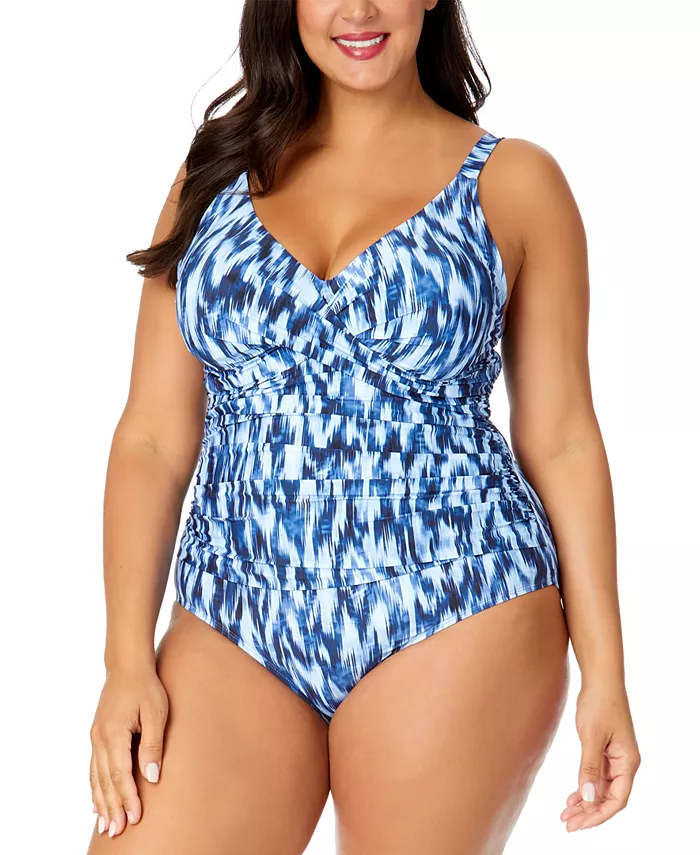 

Купальник цельный с принтом, драпировкой спереди и косточками, plus size Anne Cole, синий