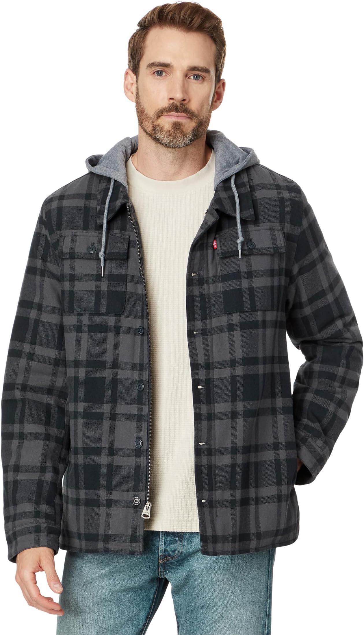 

Куртка Levi's Washed Cotton Shirt Jacket with A Jersey Hood and Sherpa Lining, цвет Grey/Navy Plaid, Серый, Куртка Levi's Washed Cotton Shirt Jacket with A Jersey Hood and Sherpa Lining, цвет Grey/Navy Plaid