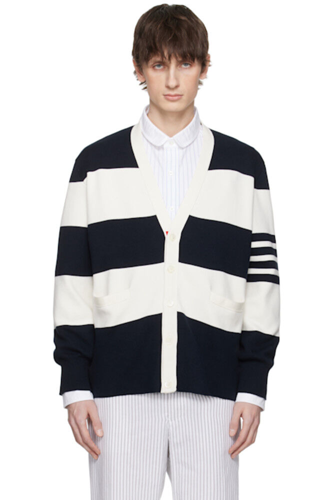 

Кардиган Milano Stitch в полоску регби темно-синего и бежевого цветов Thom Browne