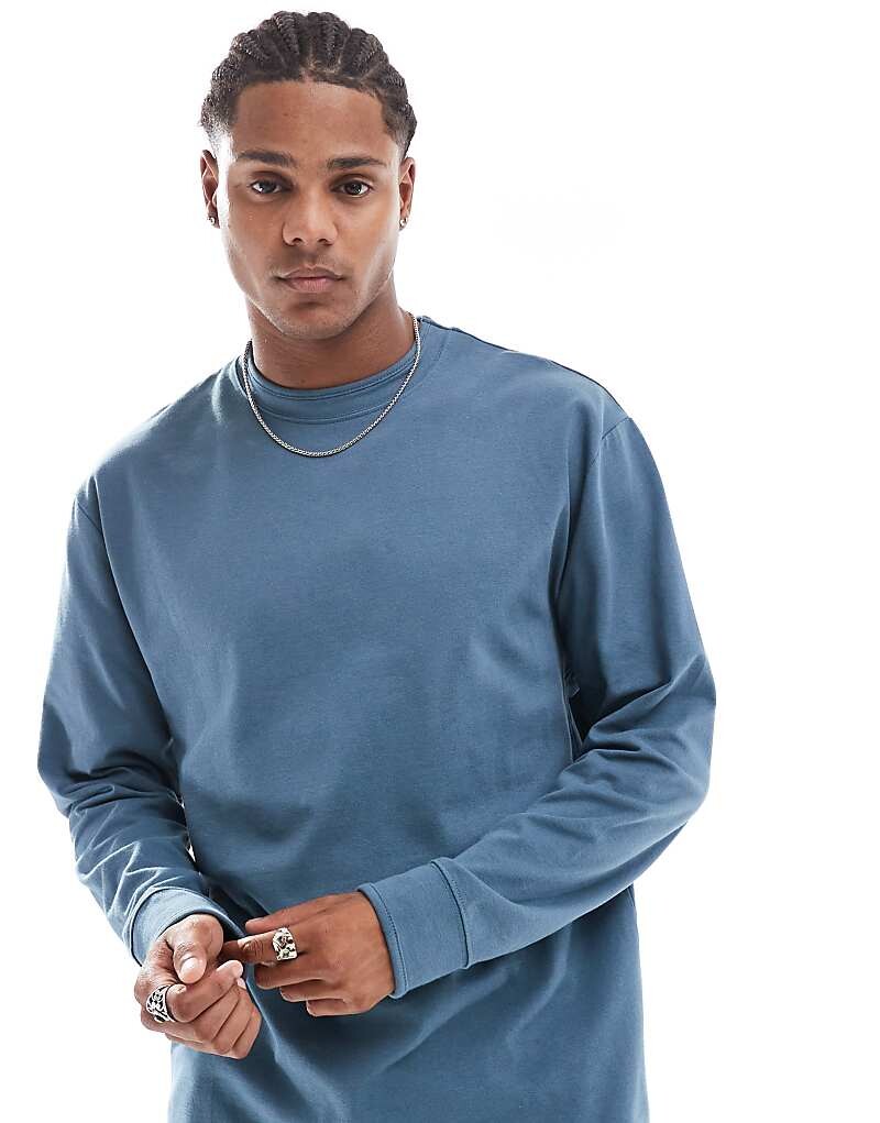 

ASOS DESIGN – Синяя футболка свободного кроя с длинными рукавами и манжетами