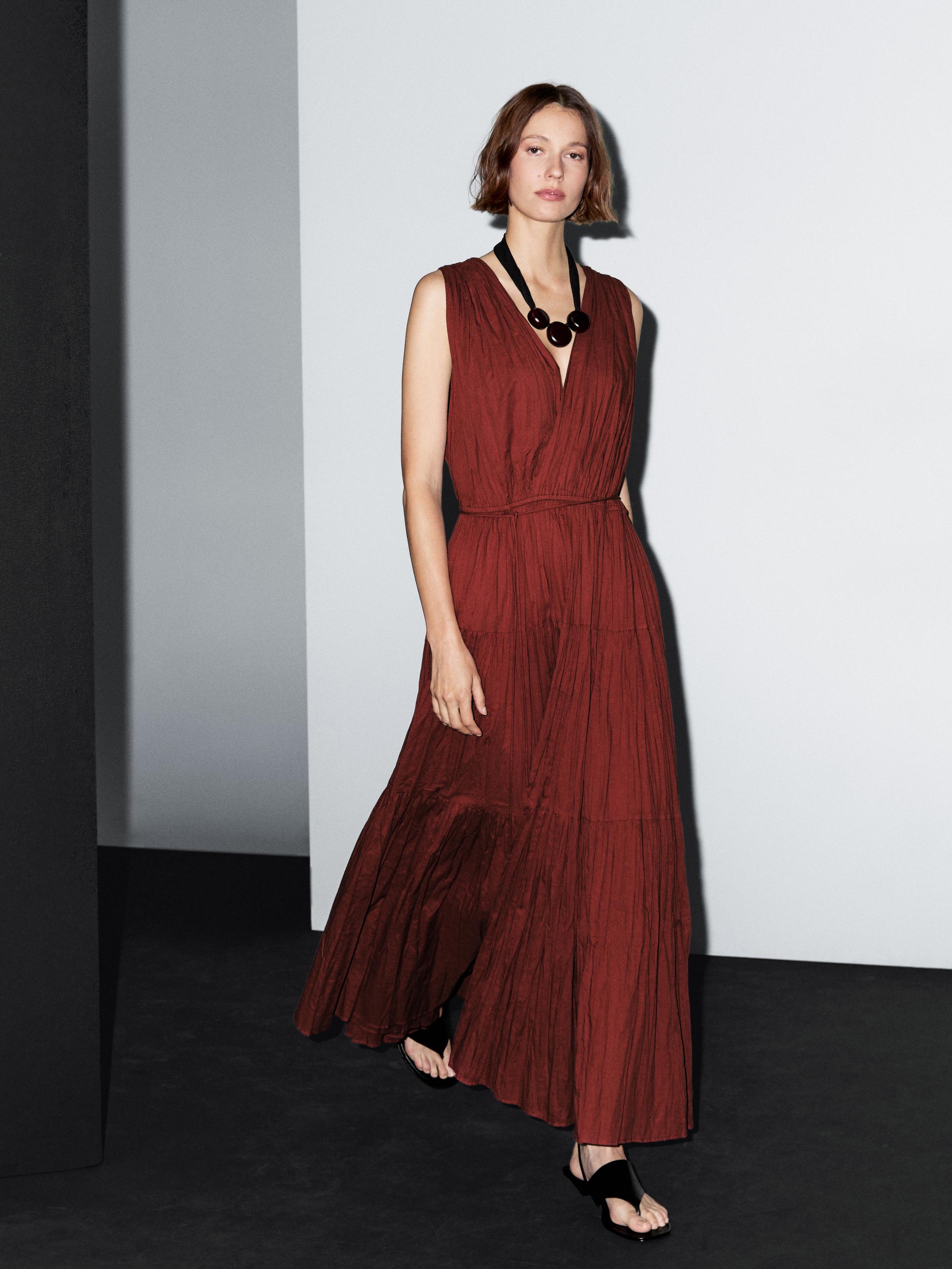 

Длинное плиссированное платье из 100% хлопка Massimo Dutti, Russet