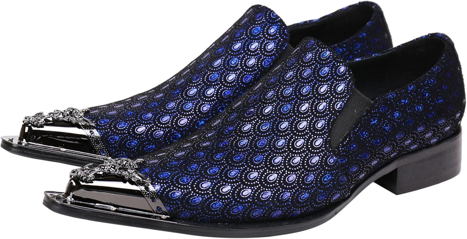 

Мужские лоферы Santimon с острым носком, из мерцающей кожи, модные повседневные туфли с металлическим наконечником в западном стиле, черный/синий