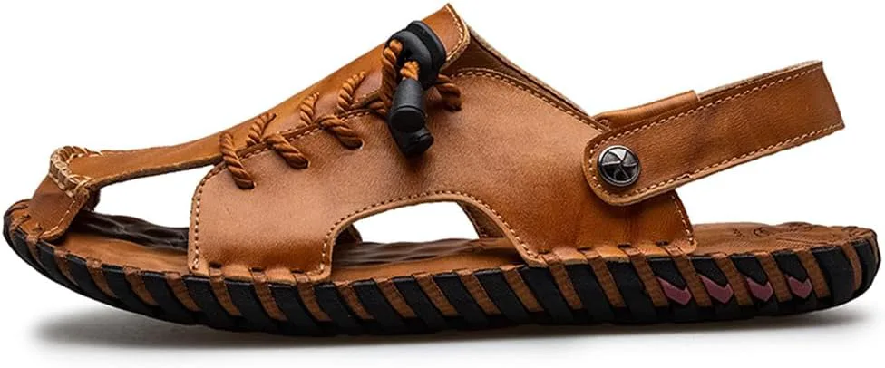 Men's Summer Handmade Leather Сандалии Casual Closed Toe Beach Fisherman Shoes Outdoor Sports Сандалии Abborora, желтый — фото 4