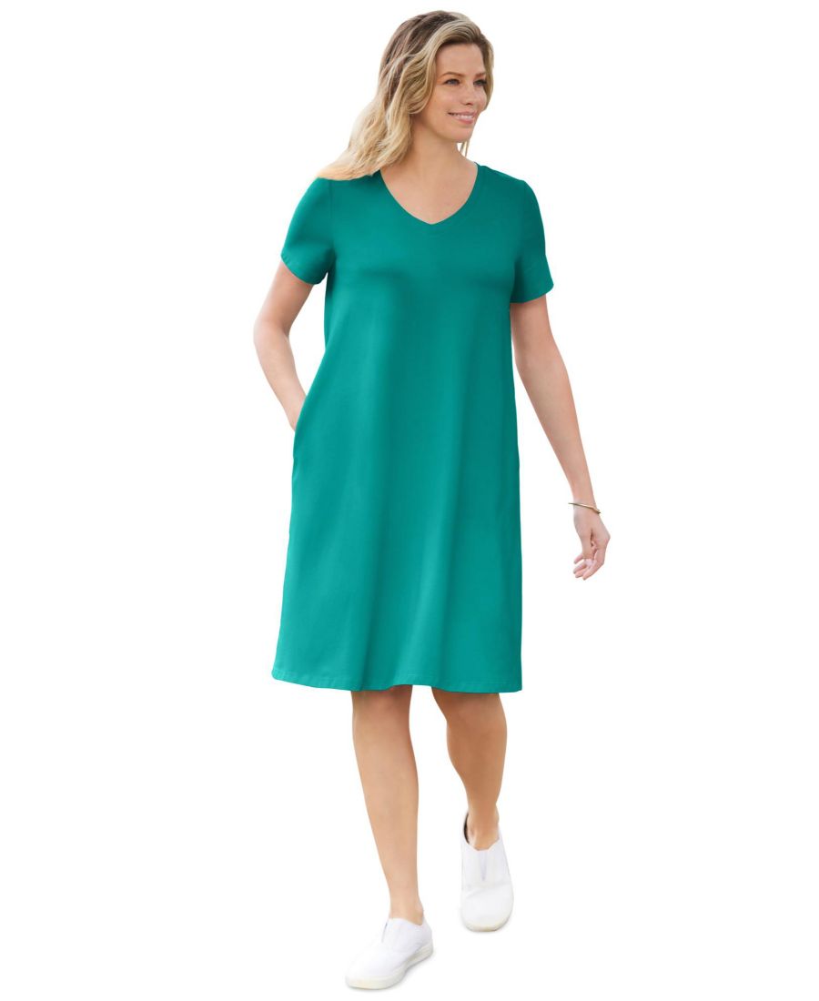 

Платье-футболка с коротким рукавом и V-образным вырезом, идеально подходящее для полных женщин Woman Within, Waterfall, Синий, Платье-футболка с коротким рукавом и V-образным вырезом, идеально подходящее для полных женщин Woman Within, Waterfall