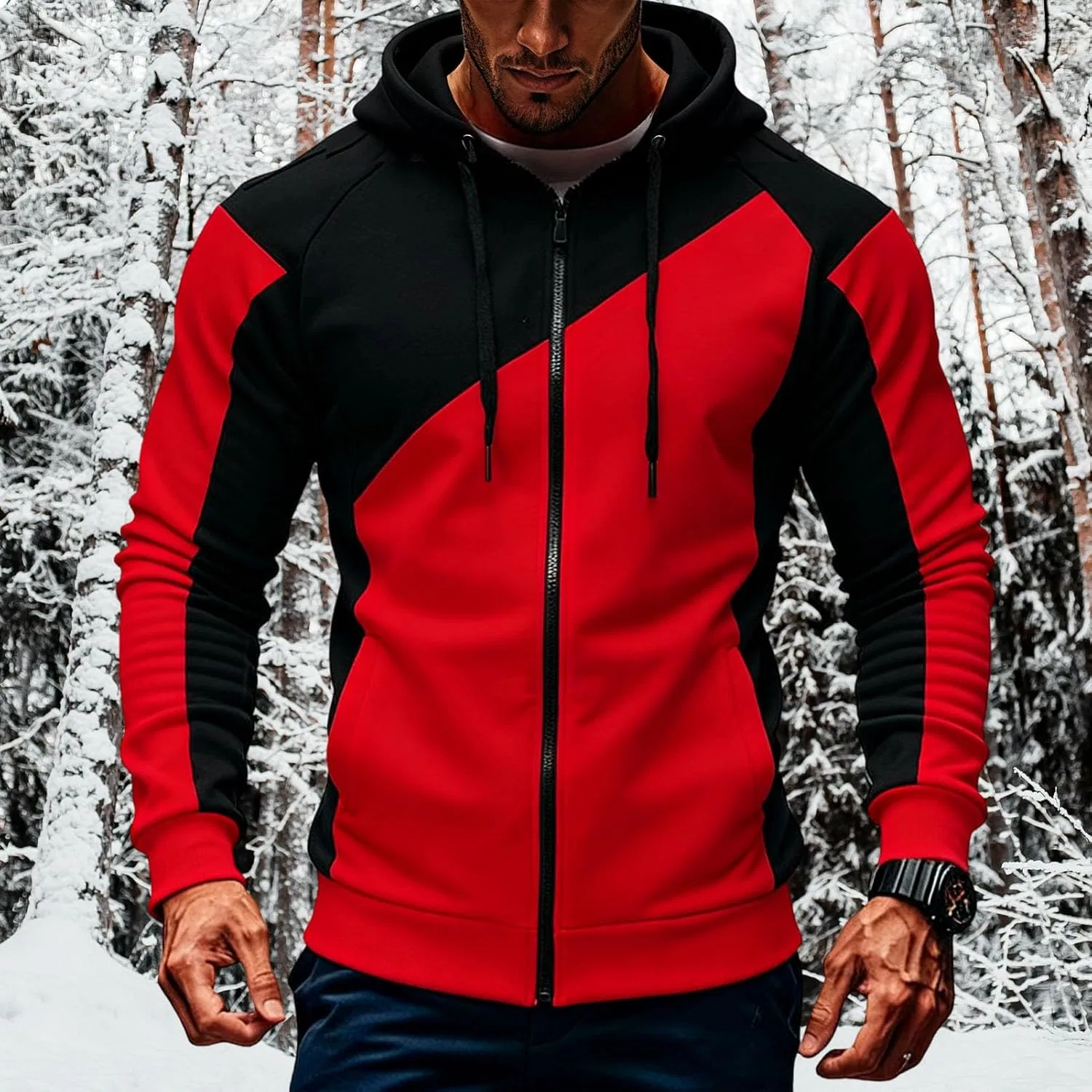 Мужская худи молния, контрастный цвет, Slim Fit, Polyester, Красный — фото 2