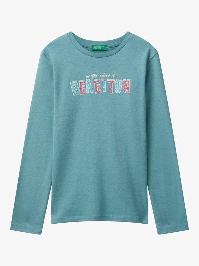 

Детская хлопковая футболка с длинным рукавом и блестящим логотипом Benetton, Green