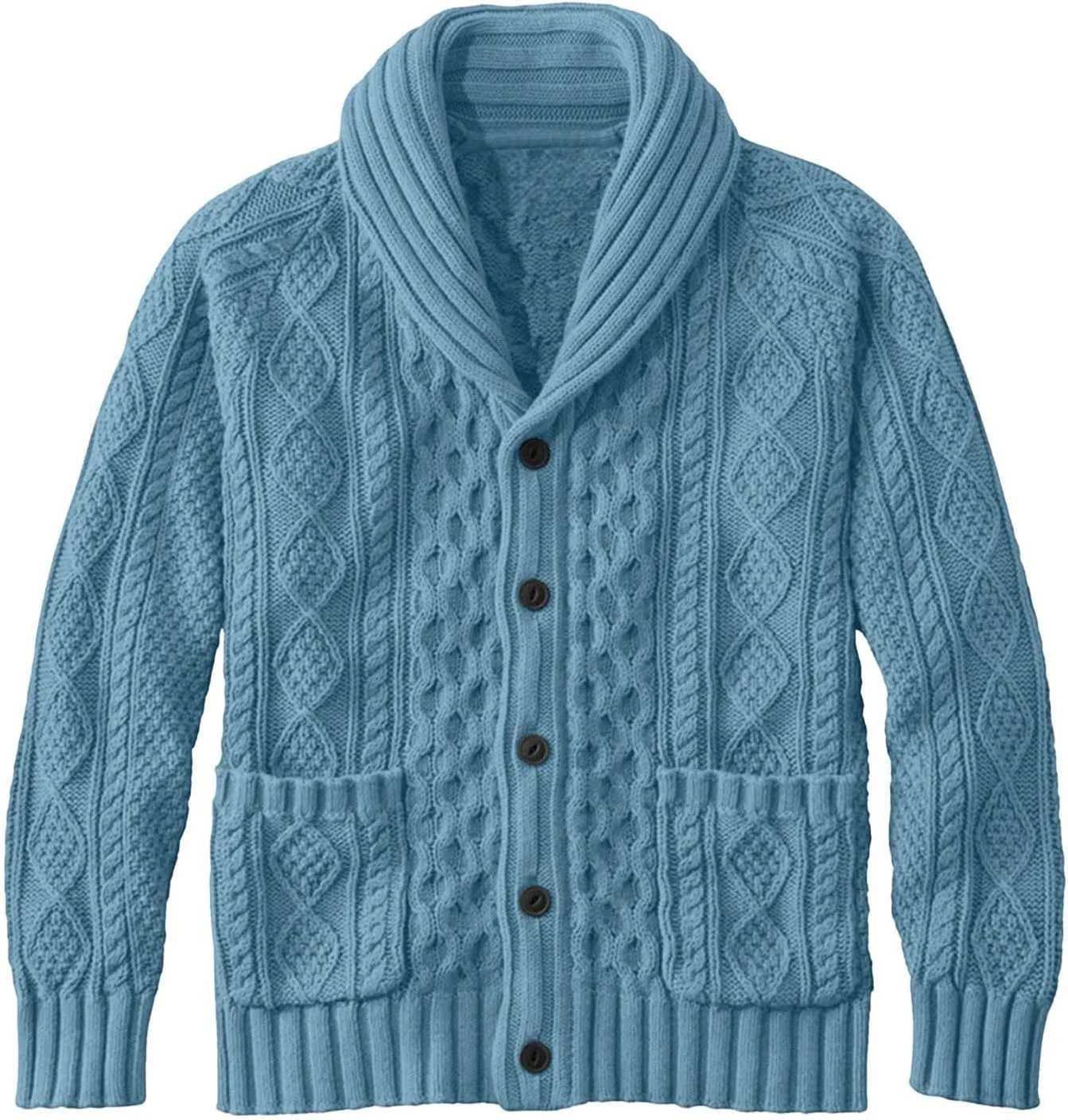 

Мужской зимний кардиган с воротником-шалью и кабельной вязкой