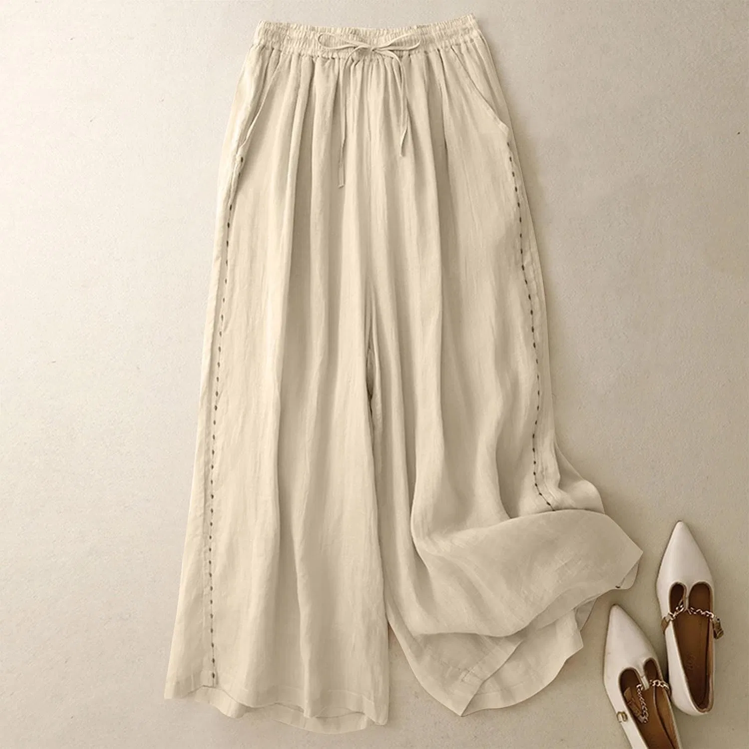 Широкие брюки женские, high waist, богемный стиль, с карманами, A01_beige — фото 2
