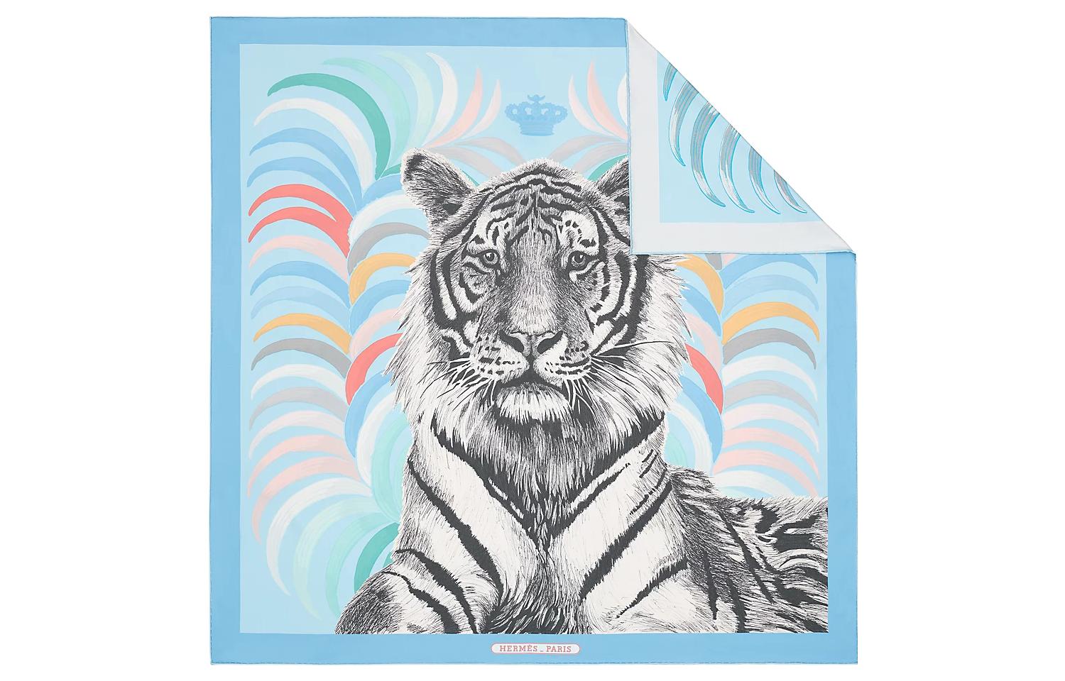 

HERMES Женский шелковый шарф Tiger Of Kings, небесно-голубые