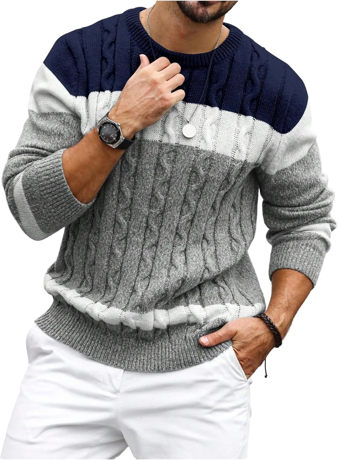 

Мужской свитер с цветными блоками, кабельная вязка, длинный рукав BEAUDRM