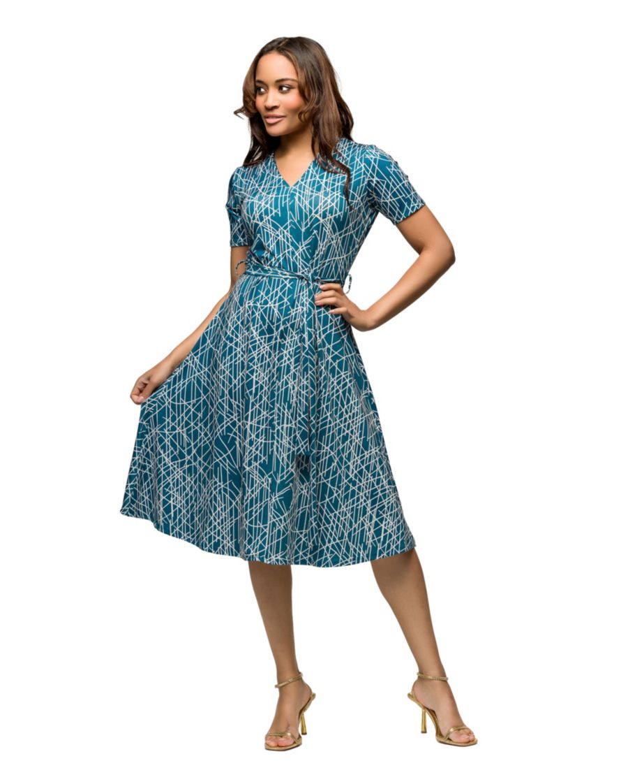 

Женское миди-платье с короткими рукавами и поясом на талии 24seven Comfort Apparel, Blue Multi