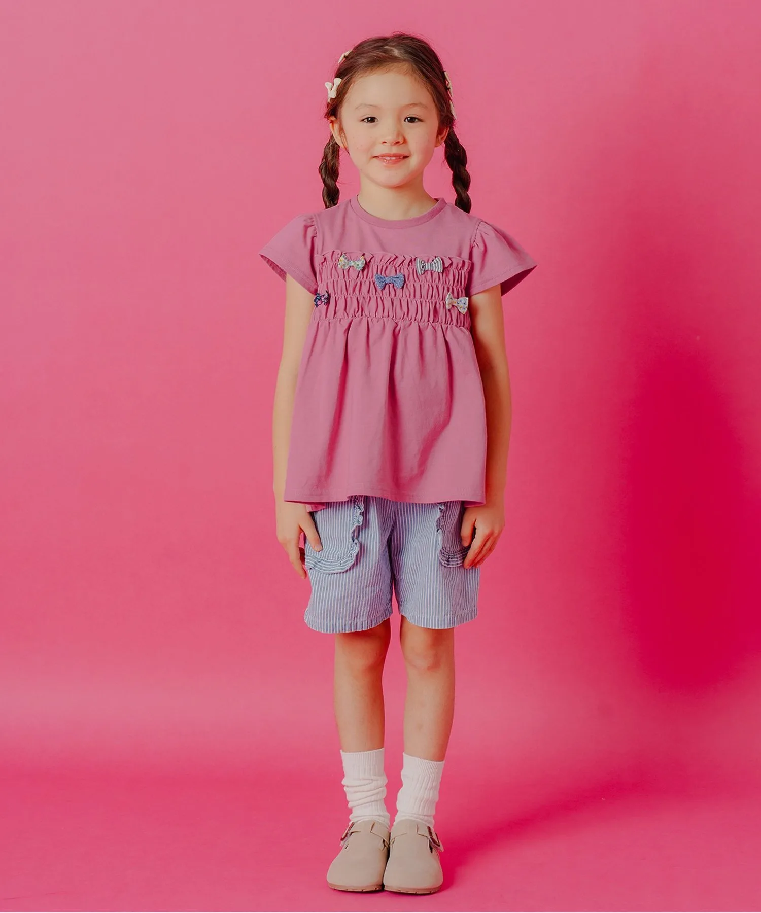 Детская футболка с рюшами и лентами Ribbon Charm Peplum T-shirt Boribon розовая — фото 2